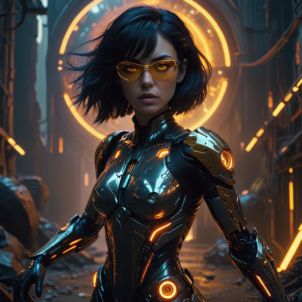 Cyborg Woman Ready for Battle in Neon Fantasy