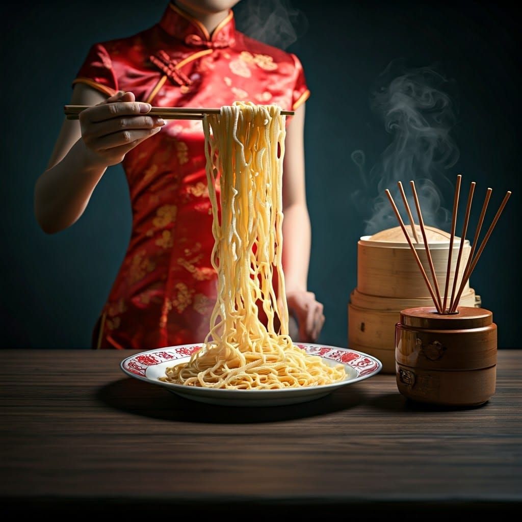 Elegant Lady with Noodles in Digital Matte Painting