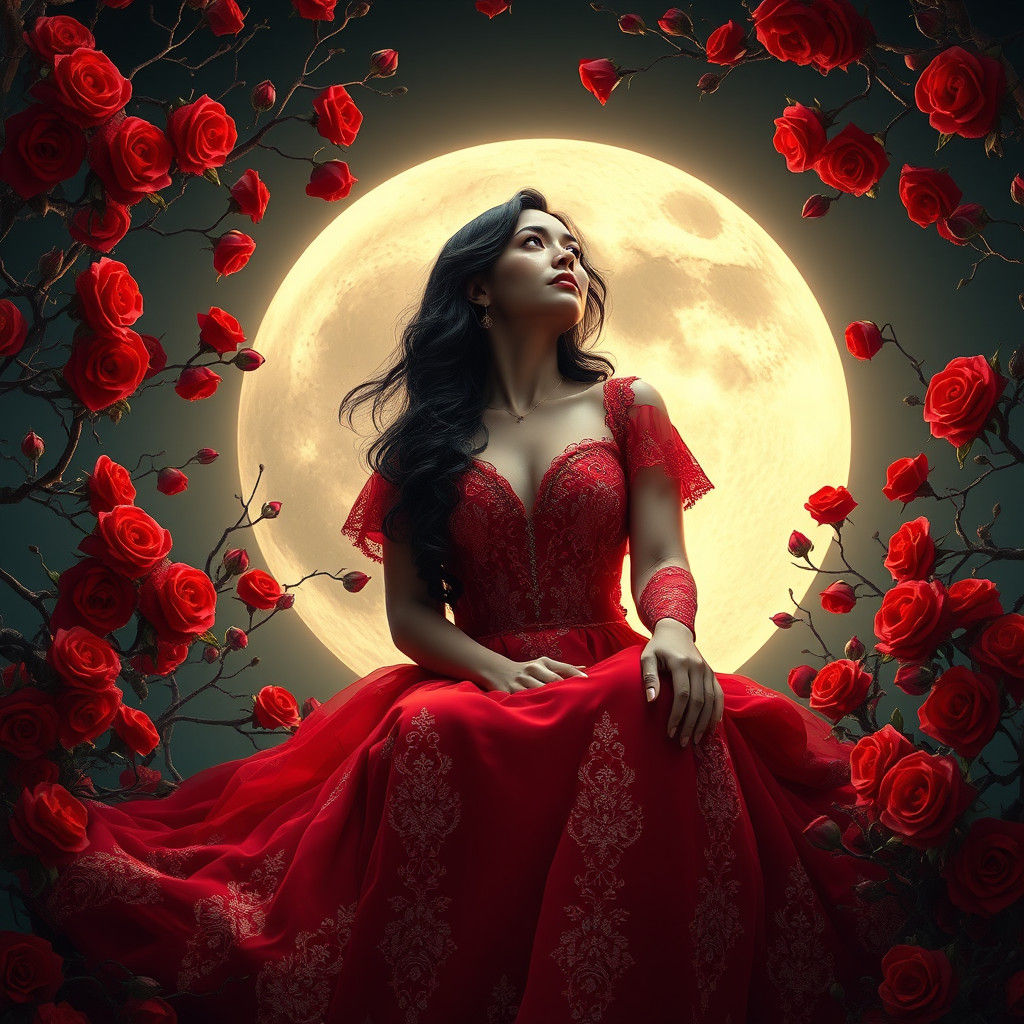 Woman in Red Dress Under Moon, Mystical Realism