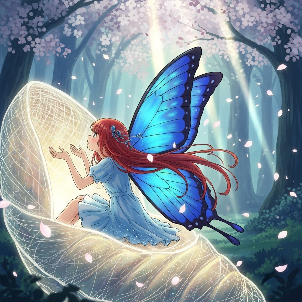 Anime Girl with Butterfly Wings Emerging from Cocoon