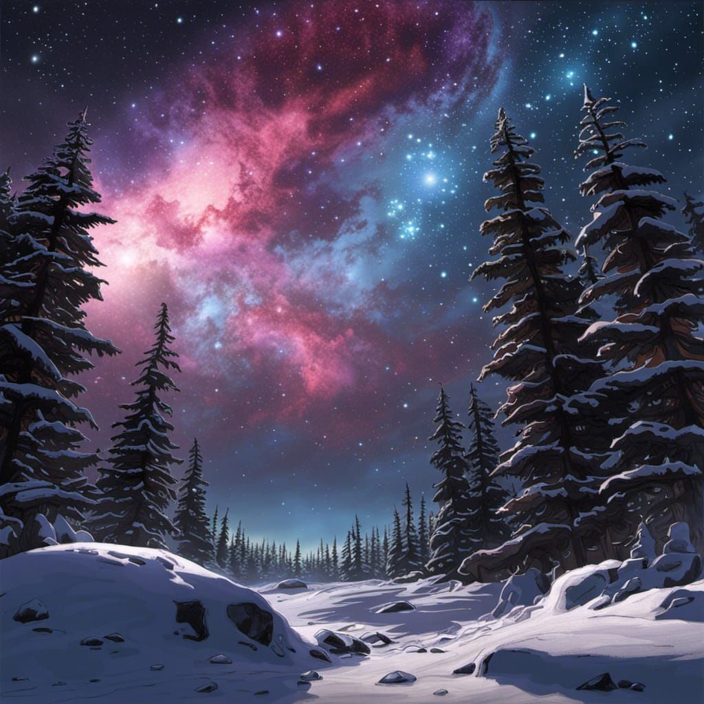 Arctic Forest Shines Under Nebula Sky
