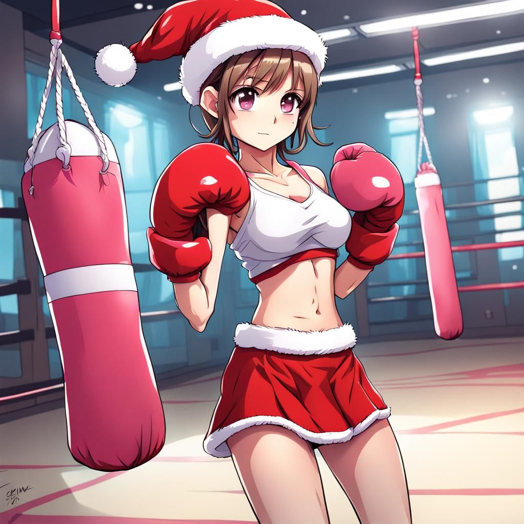Santa Girl with Boxing Gloves in Anime Style