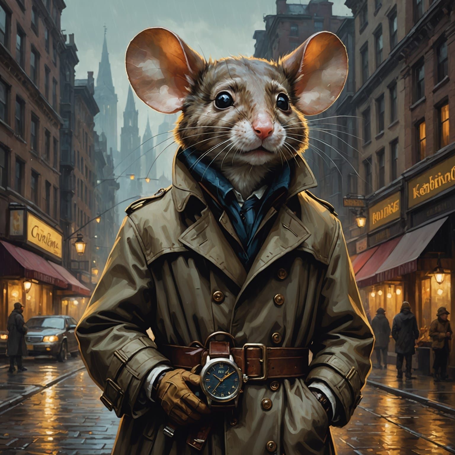 Mouse Selling Watches, Rembrandt-Style Oil Painting