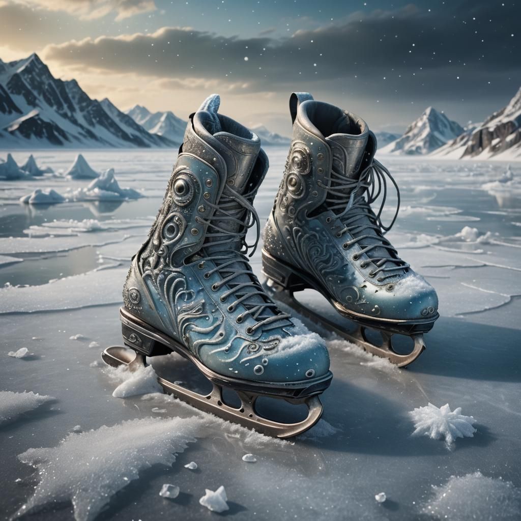 Alien Ice Skater on Frozen Lake: Detailed Matte Painting