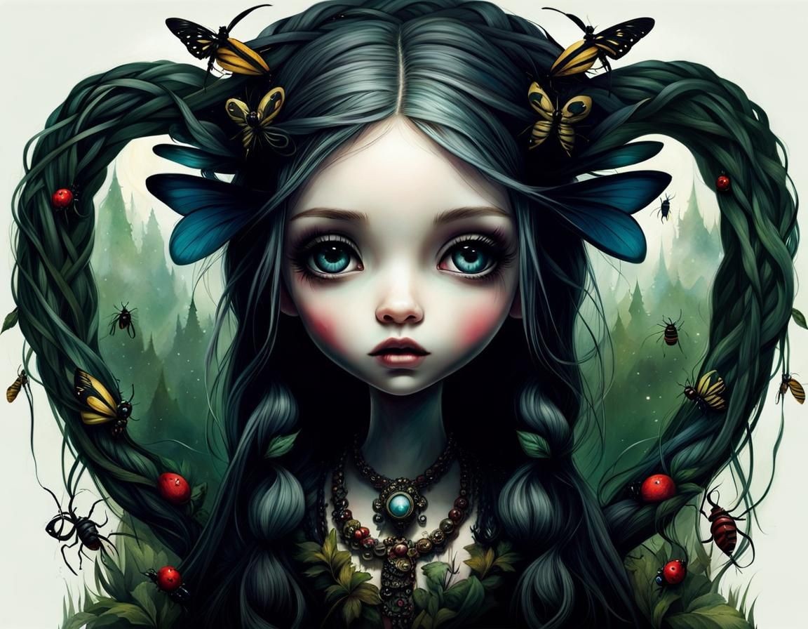 Chibi Goddess with Braided Hair in Dark Forest