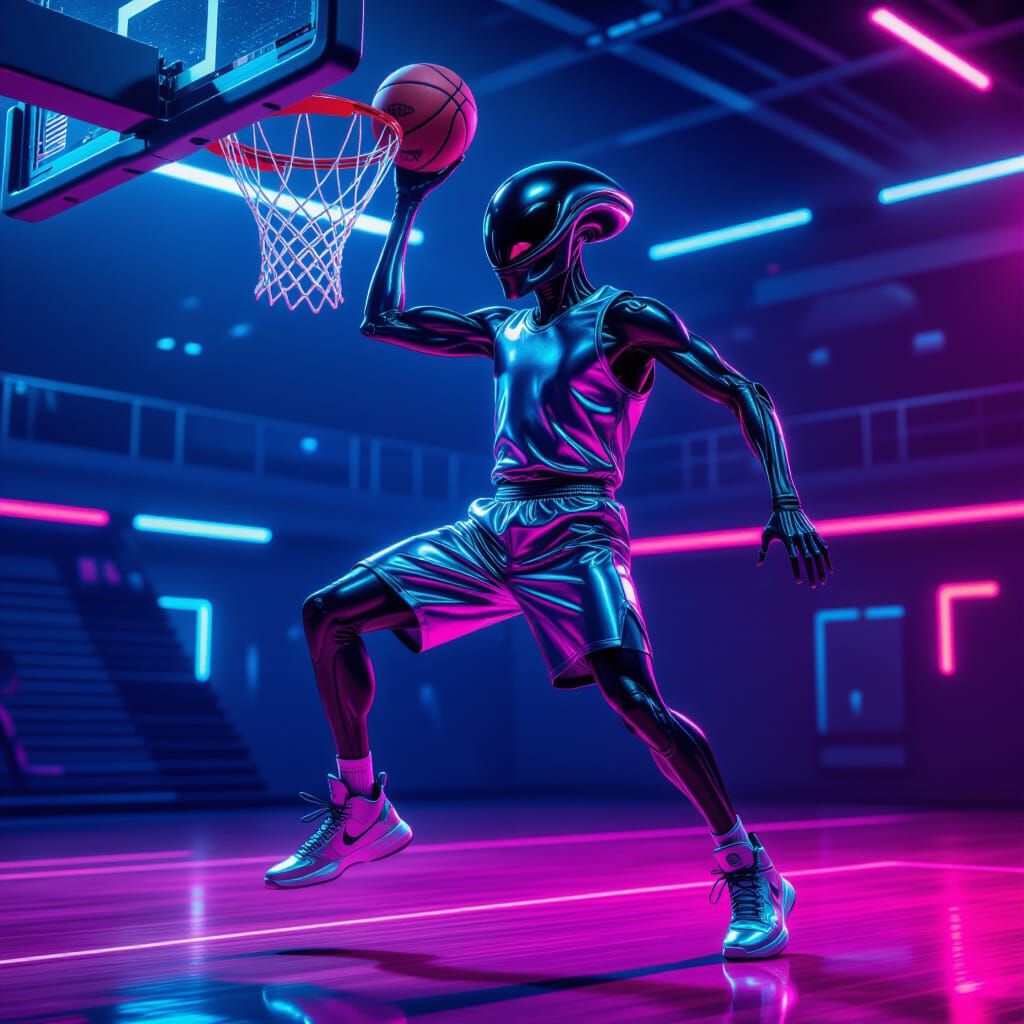 Alien Dunking on Neon Court in Futuristic Style