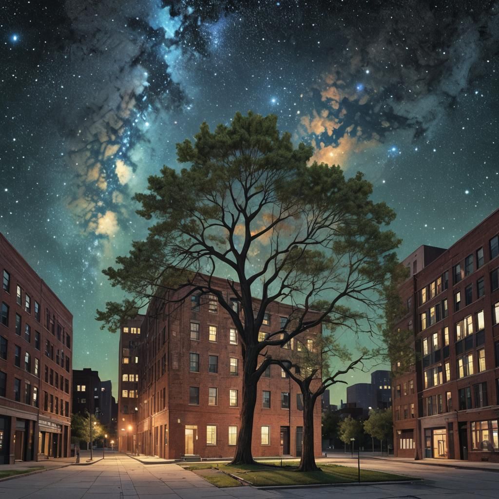 Night Sky Square: Trees and City in Cosmic Art