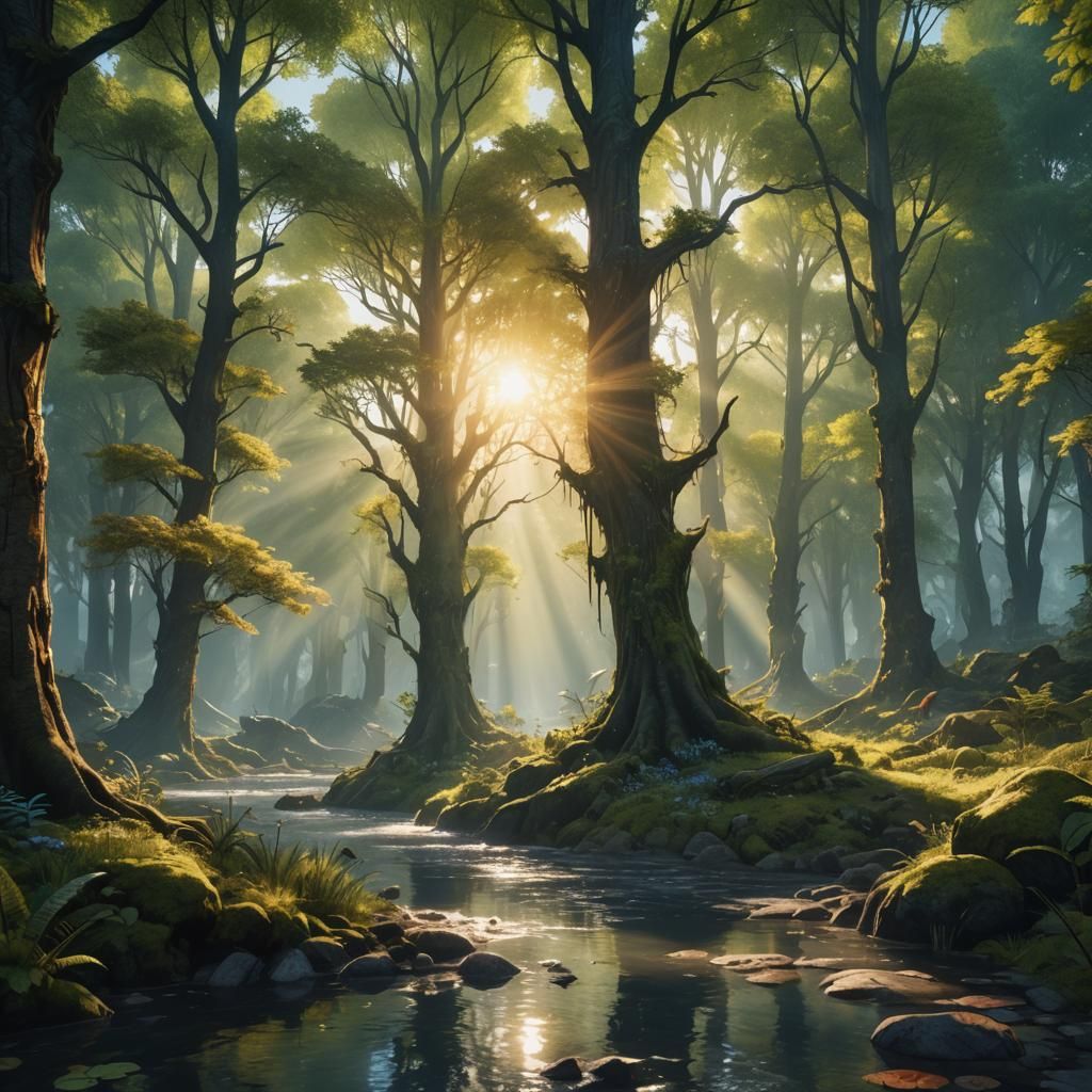 Watercolor Forest with Sunlight, Detailed Matte Painting