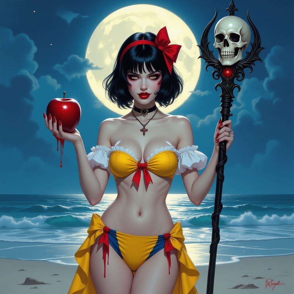 Vampire Snow White on Beach in Bikini, Dark Fantasy Style