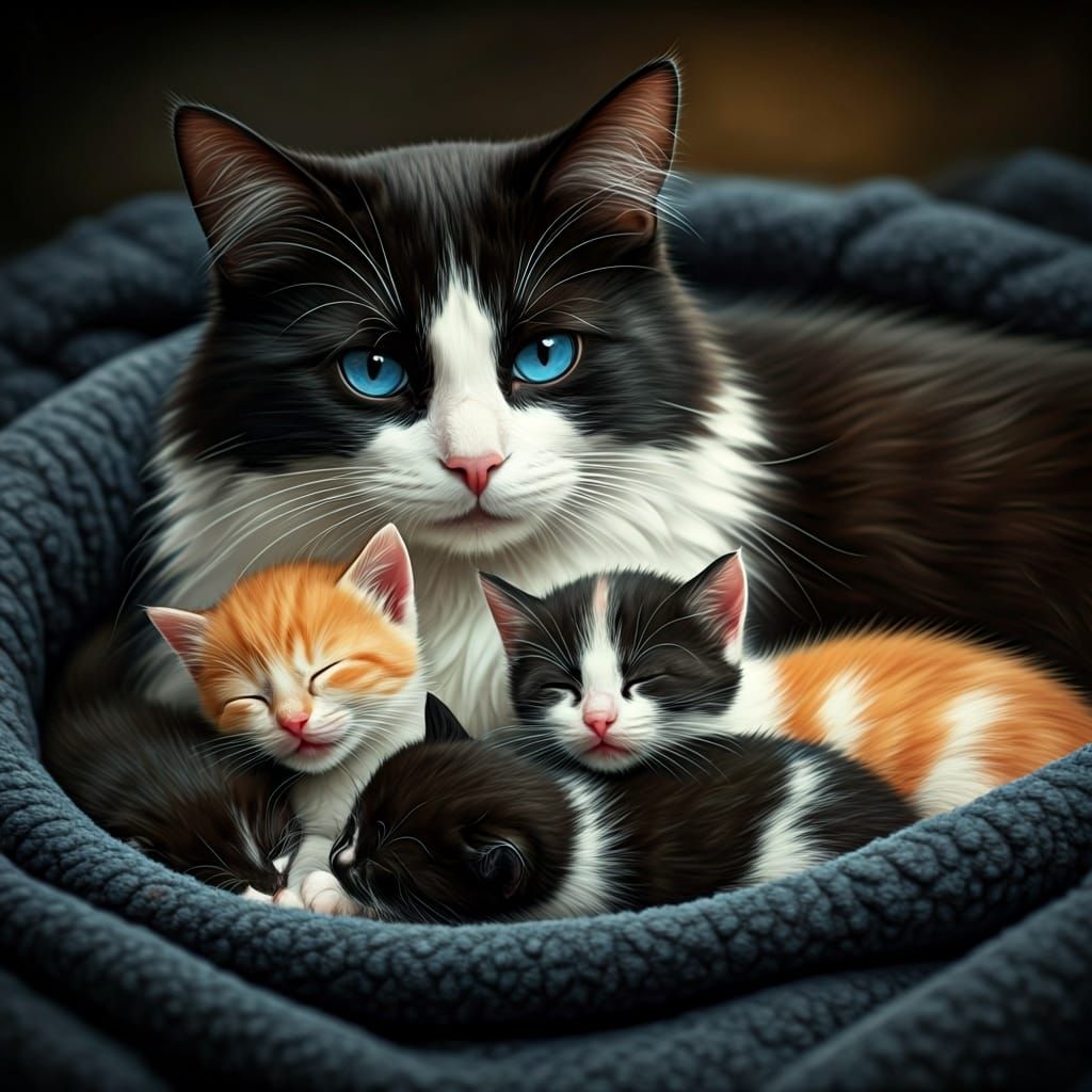 Monochrome Mother Cat and Kittens Napping