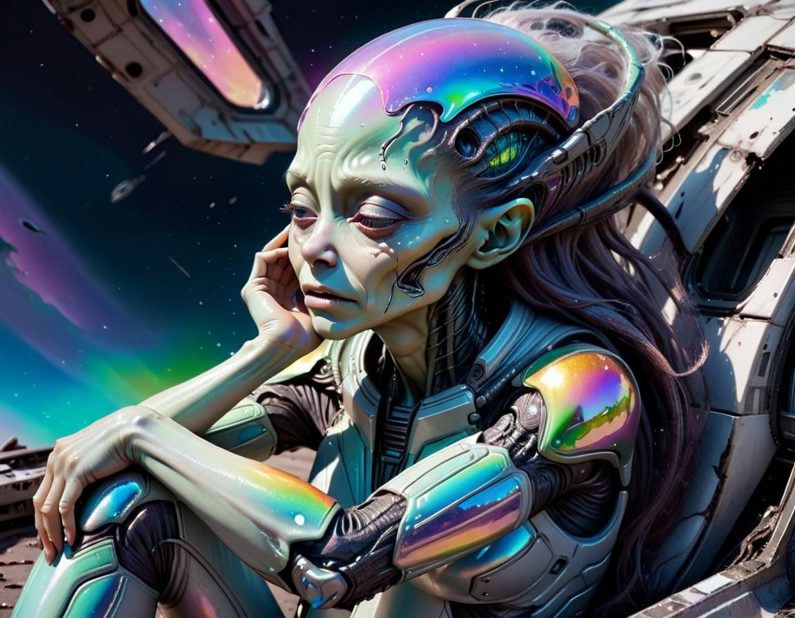 Despairing Alien Woman Beside Damaged Spaceship