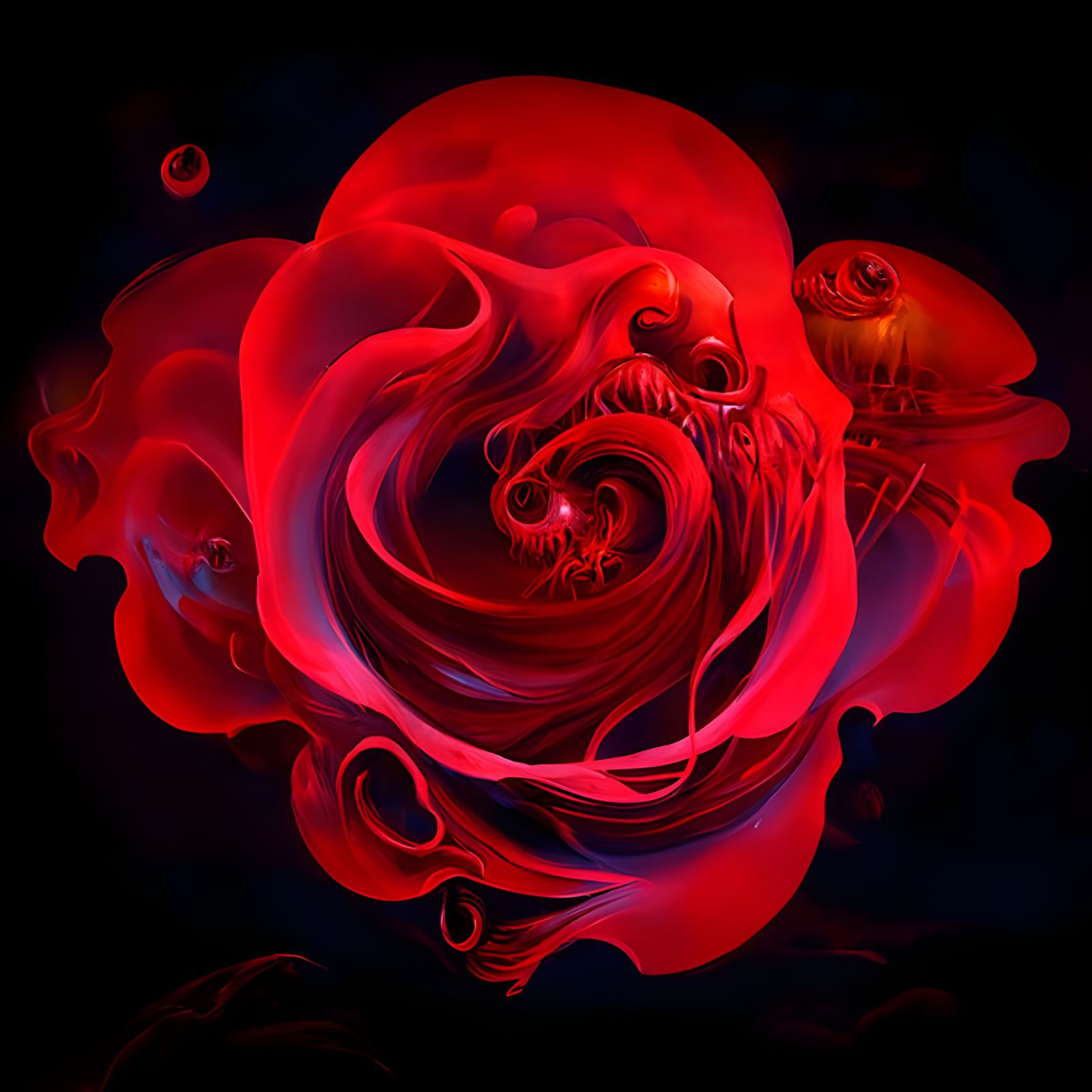 Red Rose with Octopus, Bioluminescent Fantasy Art
