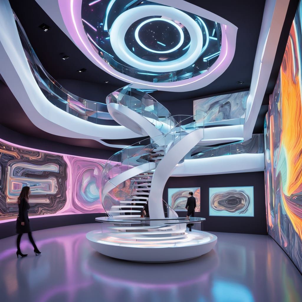Sleek Futuristic Gallery in Neon-Lit Metropolis