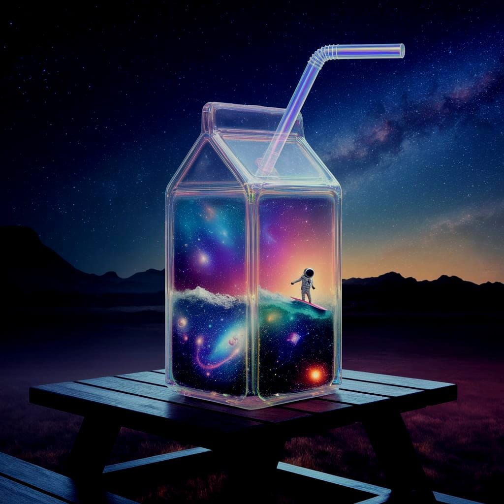 Surreal Cosmic Juice Box in Holographic PVC on a Whimsical N...