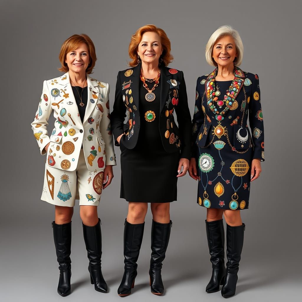 Businesswomen in Colorful Jewelry-Patterned Suits and Boots