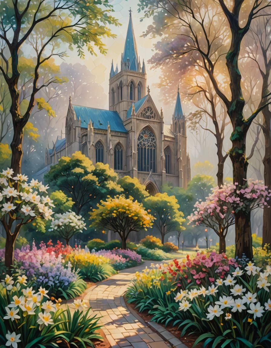 Cathedral with Oleander Flower in Impressionist Style