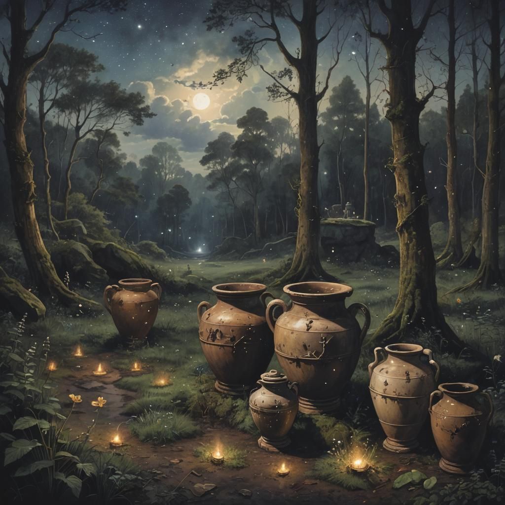 Broken Urns in Forest Under Starry Night