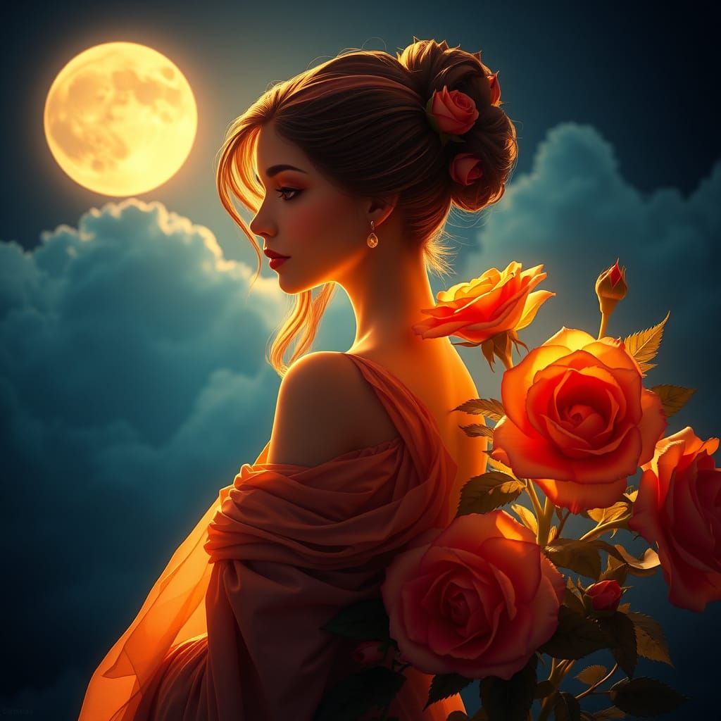 Serene Woman Amidst Blooming Roses in Golden Light