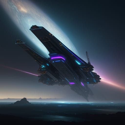 Futuristic Spacecraft Approaching Alien Station