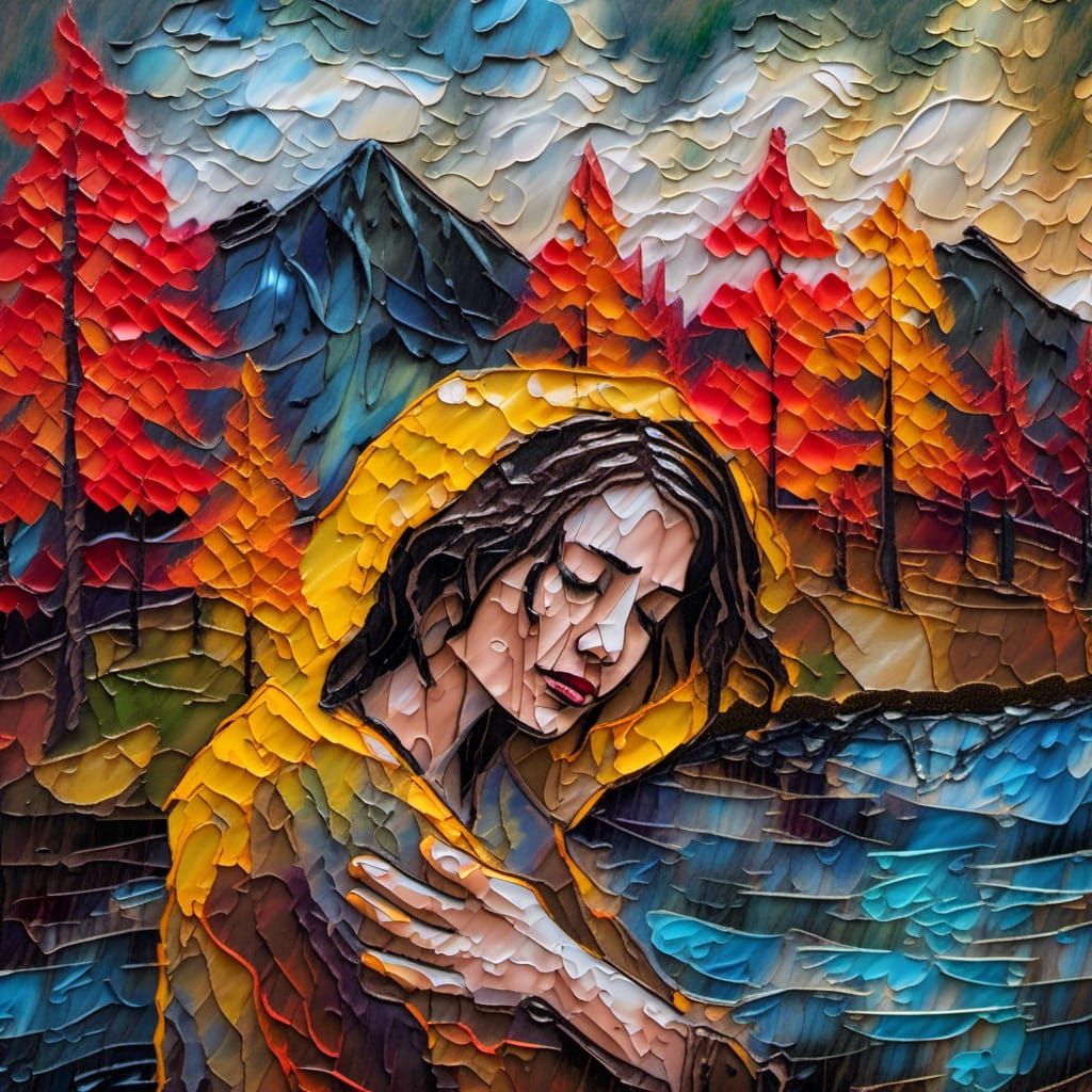 Woman Crying in Rain: Impasto Chiaroscuro Painting