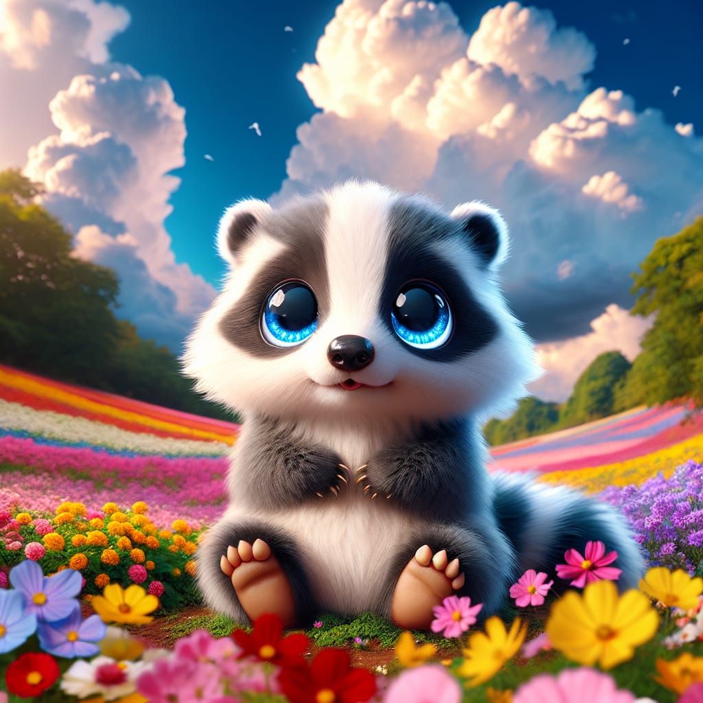 Imagine an adorable fluffy chibi badger with huge blue eyes ...