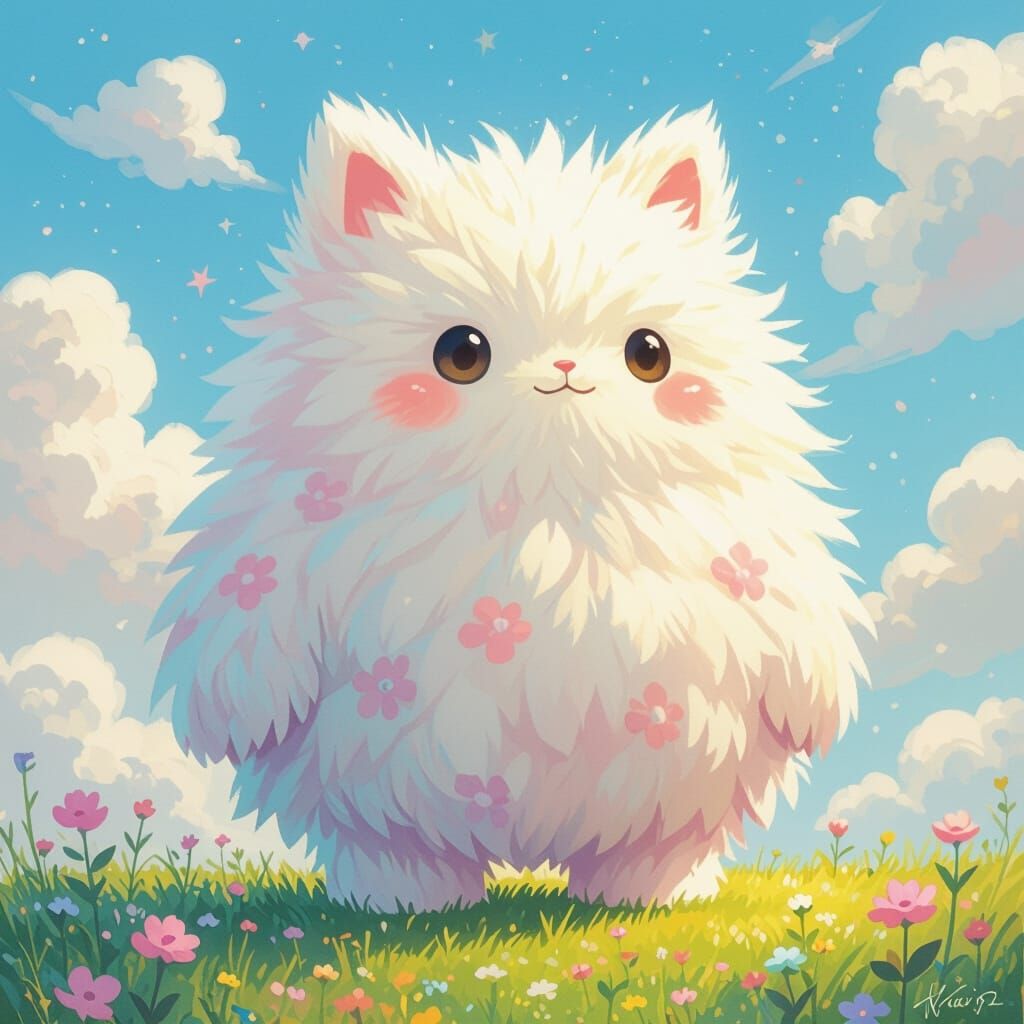 Dreamy Fluffy Cloud Creature in Ghibli Style