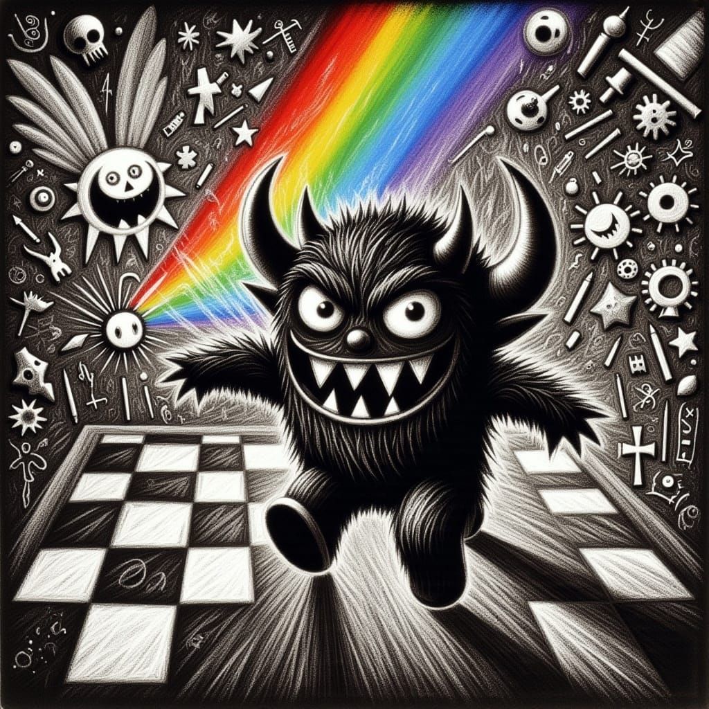 Monster Demon Plays Hopscotch in Surrealist Style