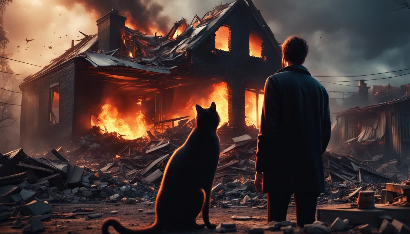 Couple and Cat Witness Home Burning: Matte Painting