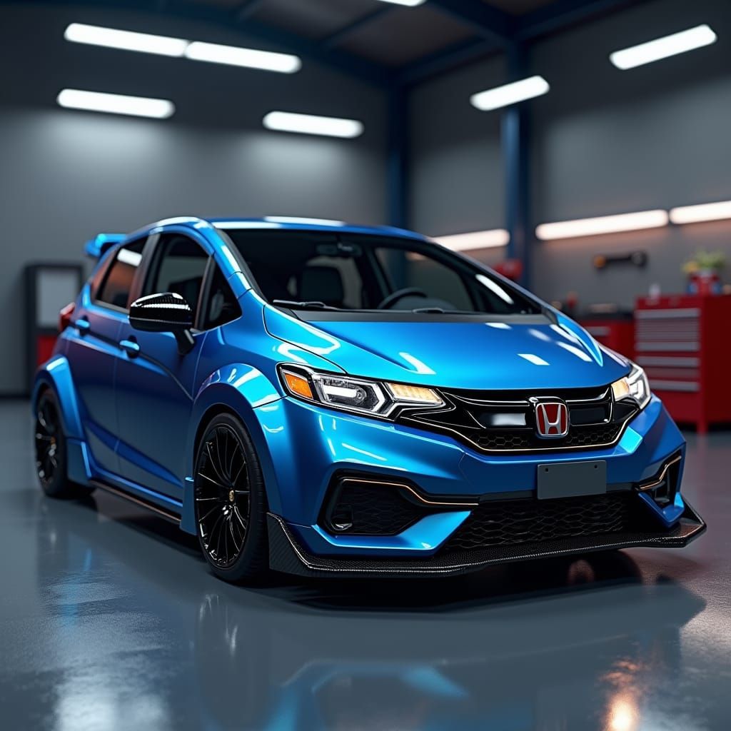 Dark Blue Honda Fit GK in High-Tech Workshop