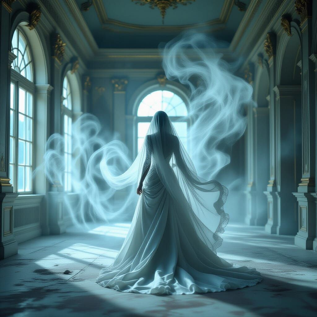 Ghost Drifting Through Abandoned Ballroom in Gothic Style
