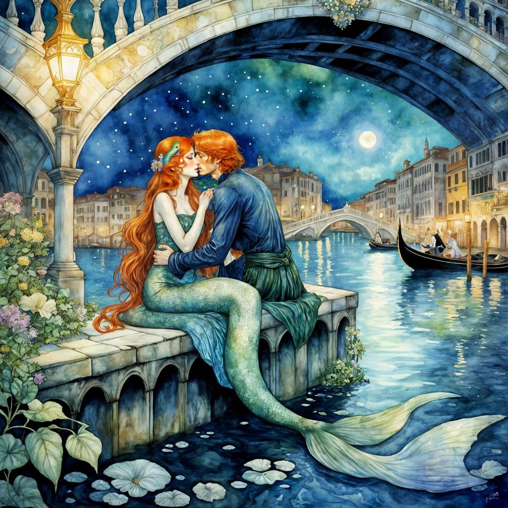 Mermaid Kissing Prince: Romantic Fantasy Watercolor