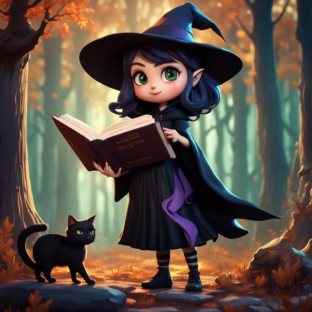 Chibi Witch Casting Spell in Dark Forest