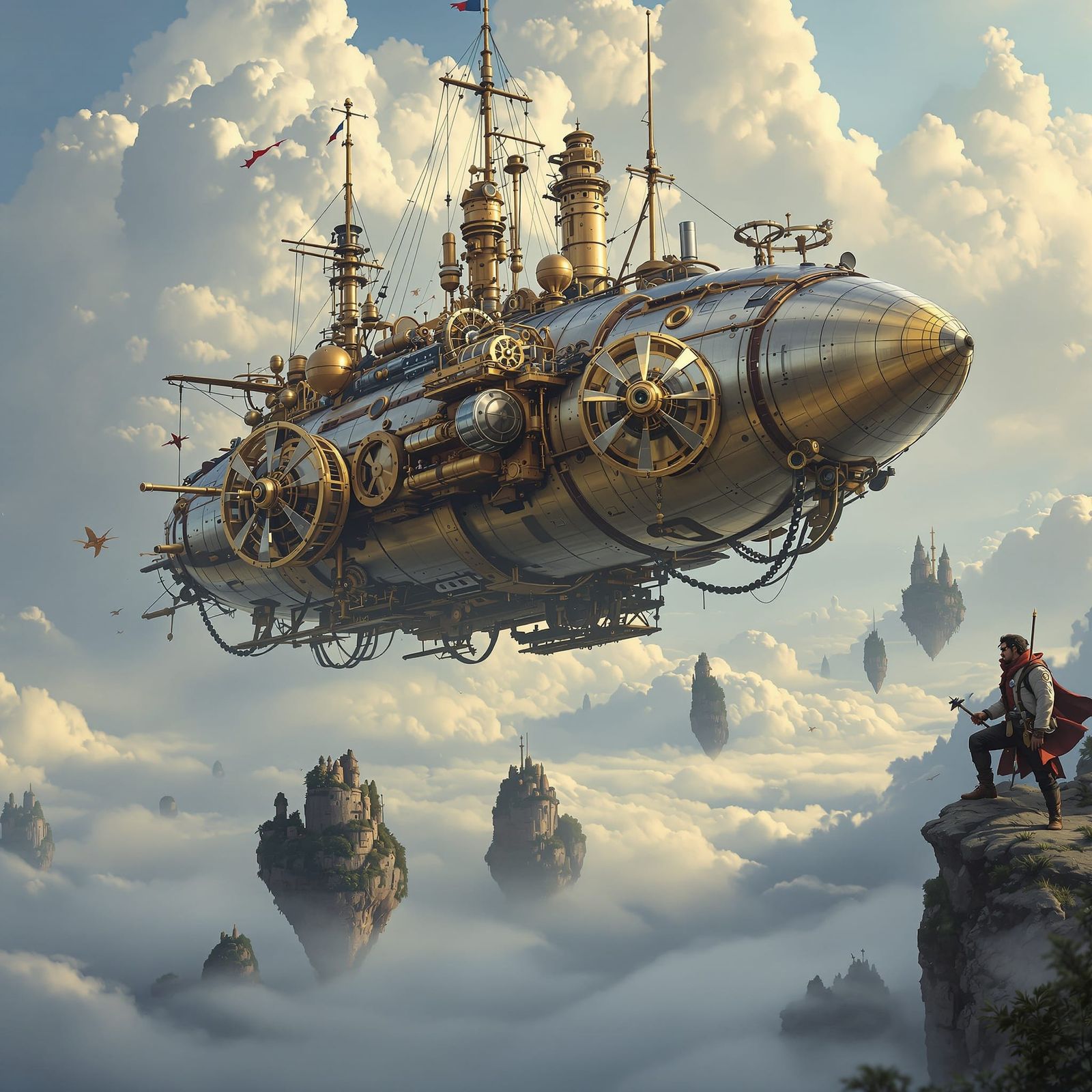 Steampunk Airship Soaring Through Cloudy Skies