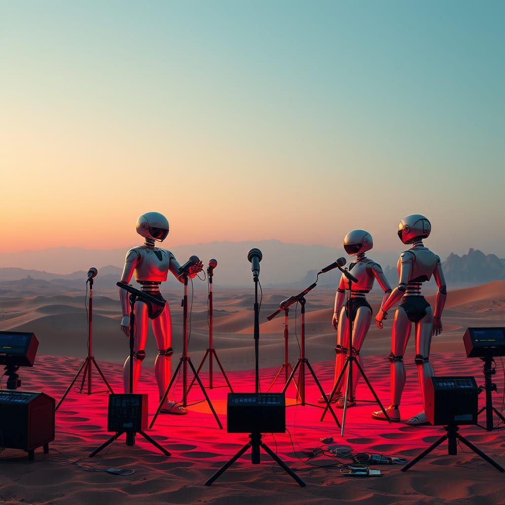 Surreal Robot Performance in Desert Twilight