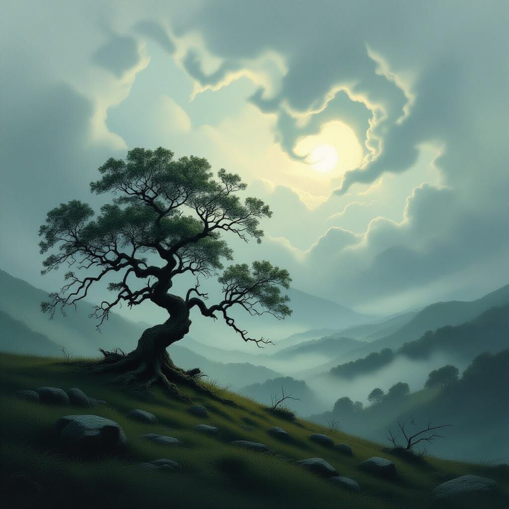 Ancient Oak on Misty Hilltop in Dark Fantasy Style