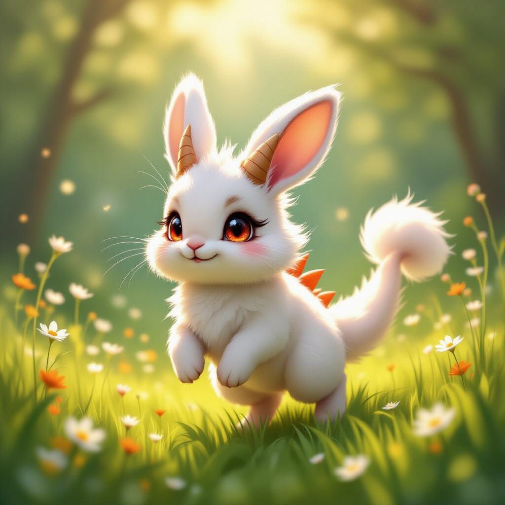 Fluffy Rabbit-Dragon Hybrid in Sunny Meadow