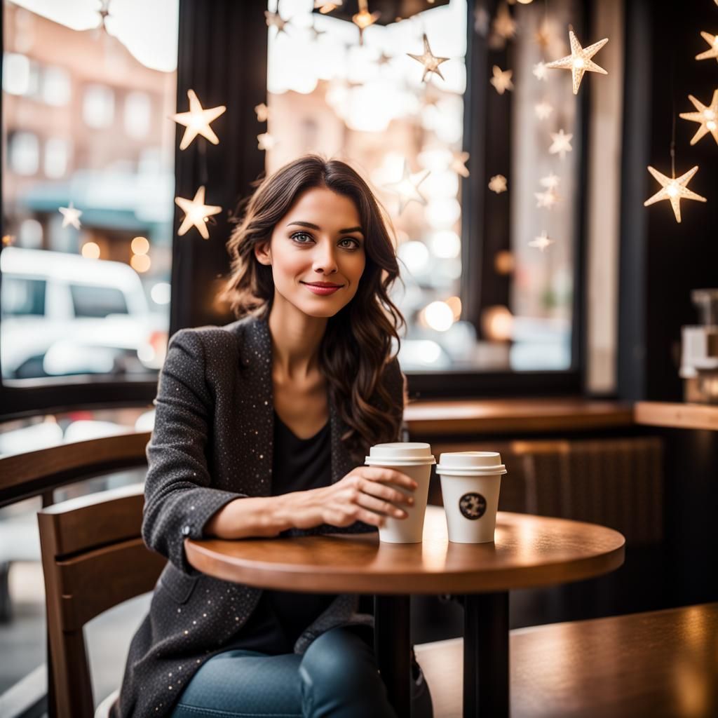 Brunette Woman Conjuring Stars at Coffee Shop