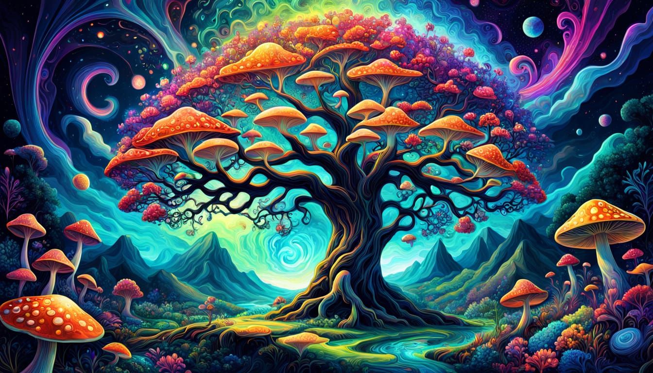 Surreal Psychedelic Tree Blooms with Vibrant Mushrooms and F...