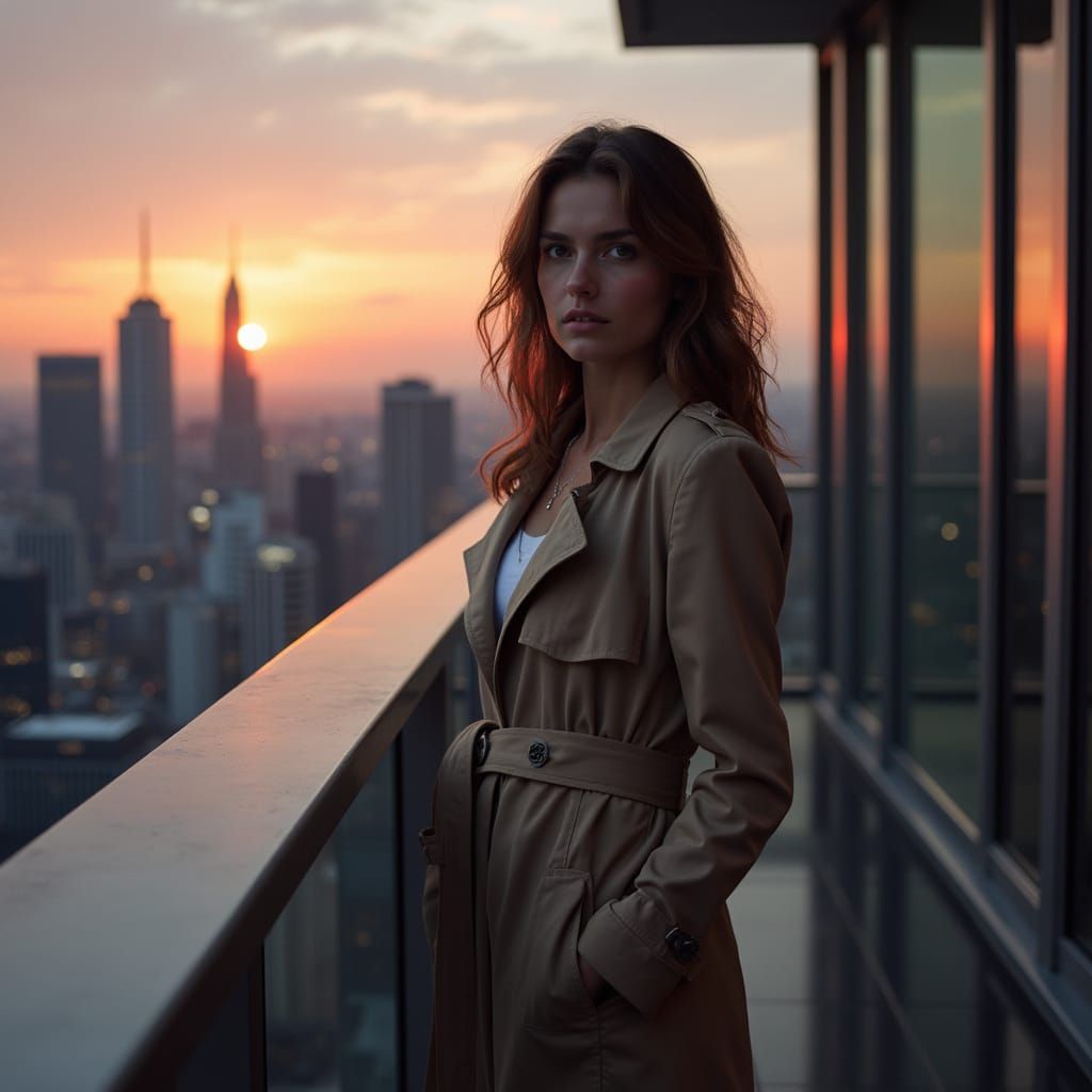 Modern Cityscape at Dusk with Thoughtful Woman