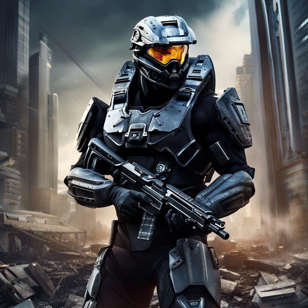 Halo Spartan Soldier in Destroyed City, Detailed Matte Paint...