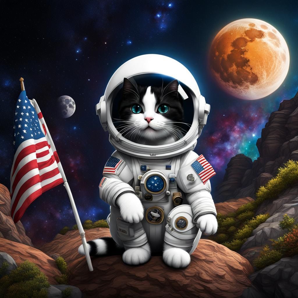 Chibi Tuxedo Cat Astronaut on the Moon