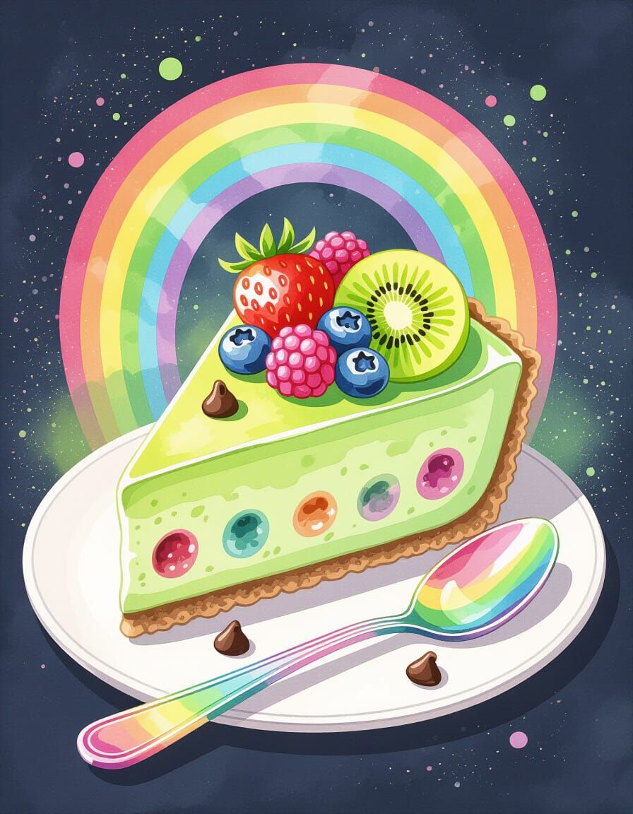 Rainbow Matcha Cheesecake Slice in Watercolor Style