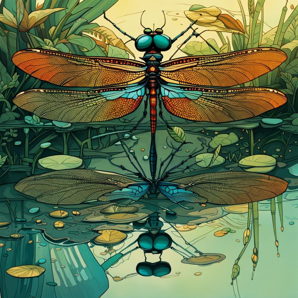Dragonfly Touching Reflection: Hyperrealistic Digital Art