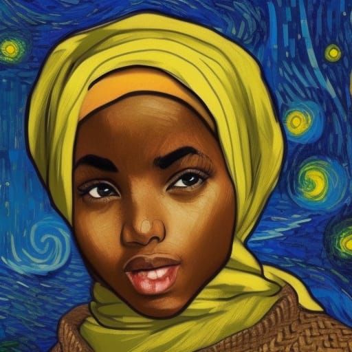 Black Muslim Girl with Hijab in Van Gogh Style