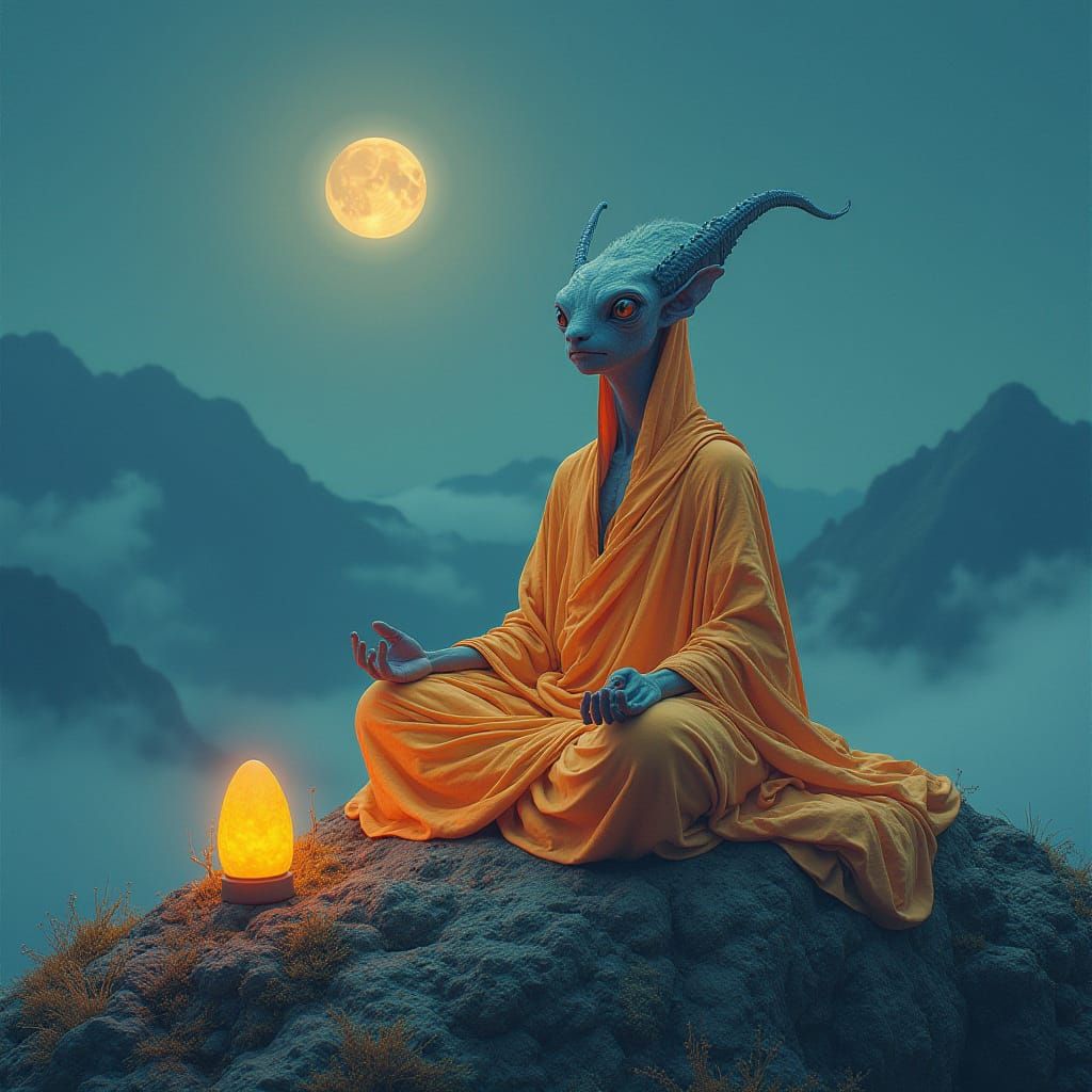 Mystical Alien Sage in Saffron Robes on Moonlit Mountain