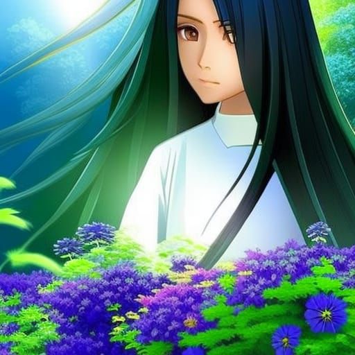 elaborate serene twilight anime dynamic lighting, Blue electric long hair, cute boy, soft angelic, semi realistic, flowe...