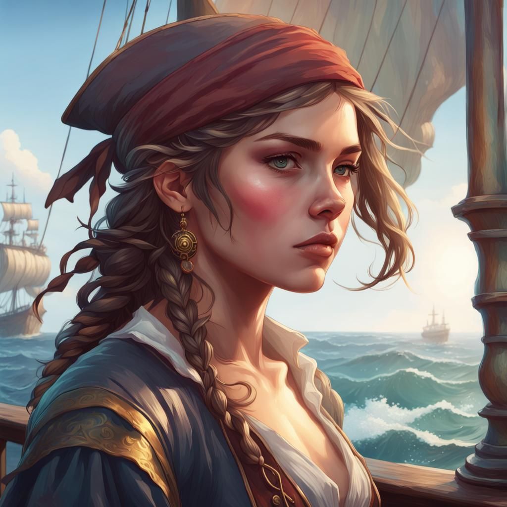 Pirate Girl Portrait in Hyperdetailed Art Nouveau Style