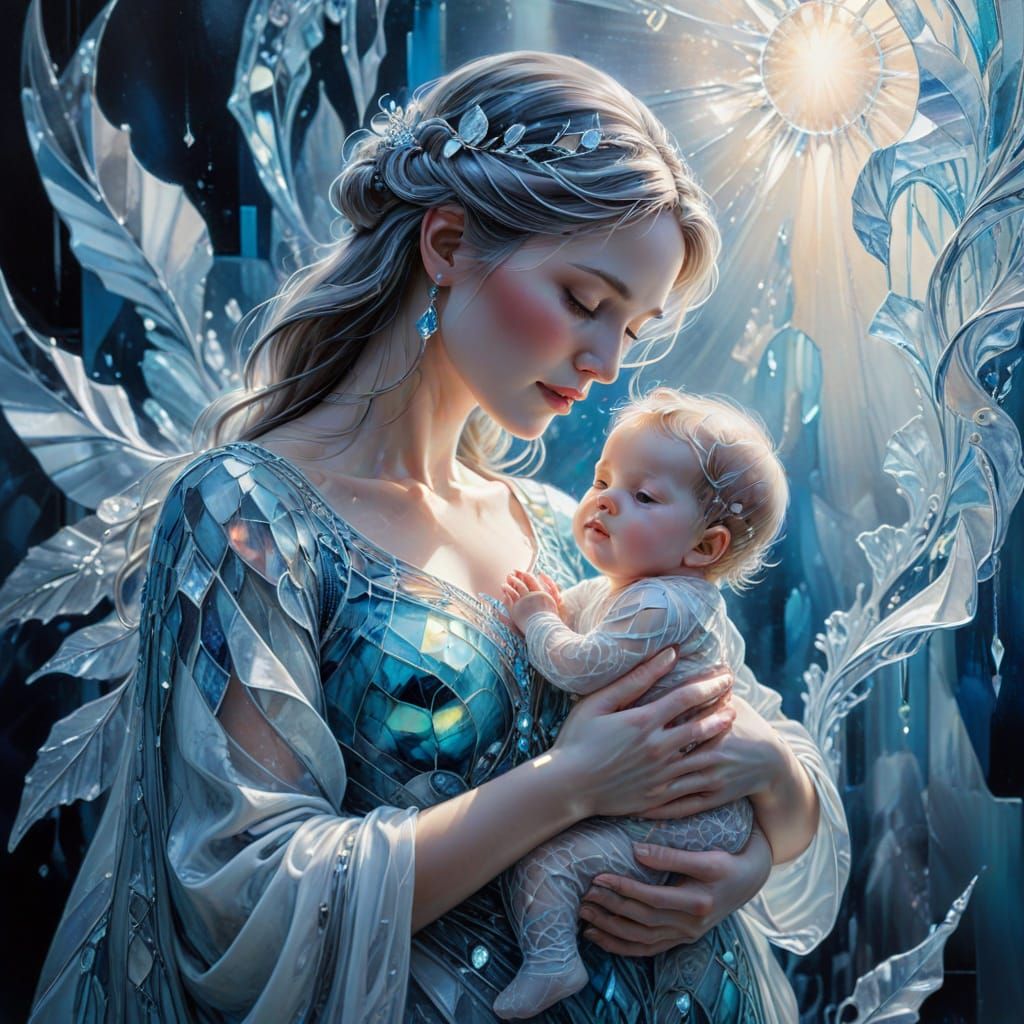 Ice Mother and Baby as Stained Glass Oil Painting
