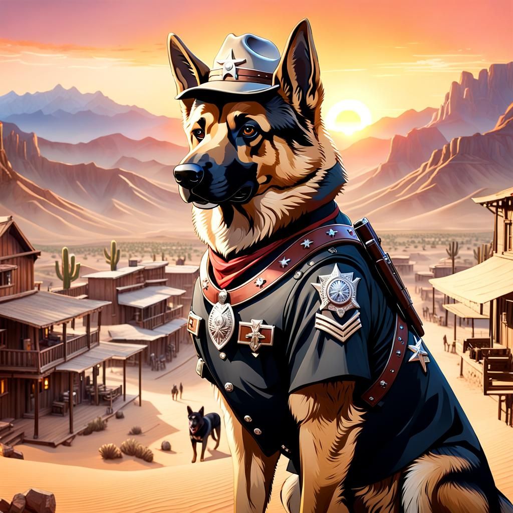 German Shepherd Cowboy Gunslinger in Western Landscape