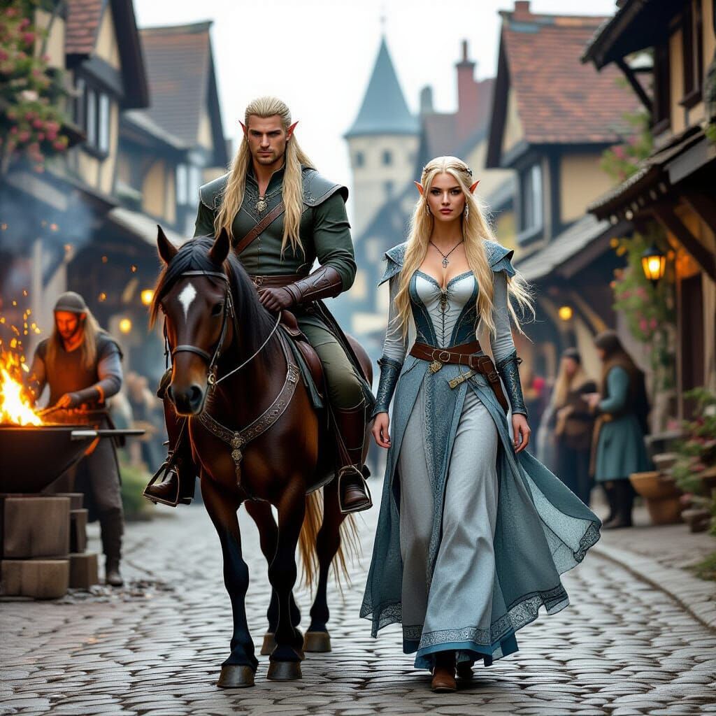 Elven Riders in Medieval Village